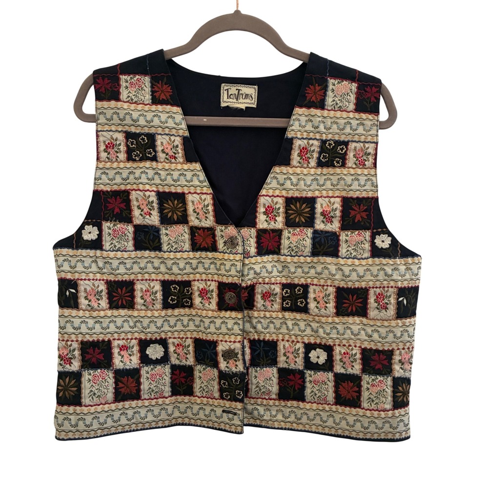 Vintage Patchwork Quilt Vest Womens Size XL Floral Cottagecore 90s Whimsical